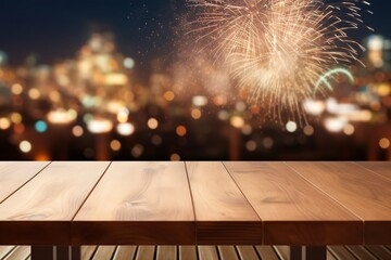 Poster - Generative AI : Image of wooden table in front of blurred fireworks background