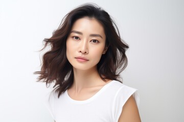 Young Asian woman serious face portrait white background