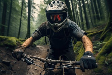 Canvas Print - A cyclist wearing a black face mask while exploring scenic mountain trails, Exhilarated, Forested trail. Generative AI.