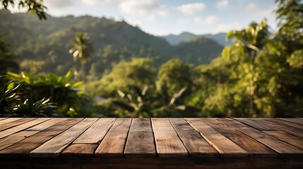 Poster - Generative AI : Empty wooden table in front of green nature and mountain background.