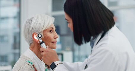 Poster - Senior woman, doctor and otoscope for ear, hearing test and exam, audio check or consultation for healthcare. Ent, otolaryngology and medical professional with elderly person for wellness in hospital