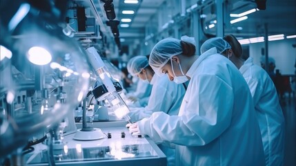 Leinwandbilder - A team of scientists and technicians work on modern machinery in a sterile in industrial technology factory. Generative AI.