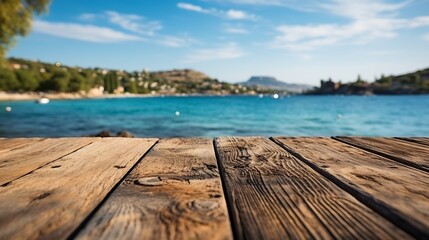 Aufkleber - Generative AI : Beautiful wooden floor and blue background, sea water and sky.
