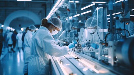 Leinwandbilder - A team of scientists and technicians work on modern machinery in a sterile in industrial technology factory. Generative AI.