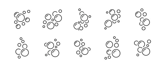 Bubbles line icons set. Soap foam, fizzy drink, oxygen bubble, effervescent effect line icons set, editable stroke isolated on white, linear vector outline illustration, symbol logo design style