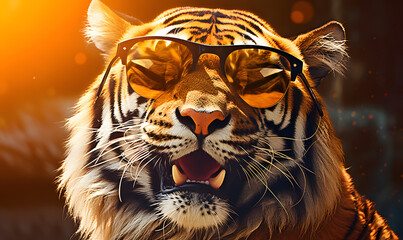 Wall Mural - Happy tiger wearing sunglass for a commercial advertisement image