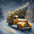 An old vintage truck with a Christmas tree in a cold snowy winter landscape