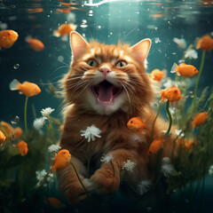 Wall Mural - cat in water among fish and water plants