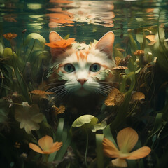 Wall Mural - cat in water among fish and water plants