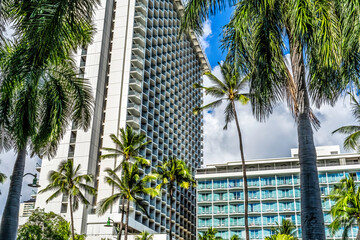 Wall Mural - Colorful Hotels Buildings Palm Trees Waikiki Beach Honolulu Hawaii