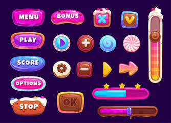 Poster - Game interface candy buttons and window, loading bar, slider, menu panel. Mobile game user or app sweet desserts interface, options and media candy and bakery buttons, volume sliders, GUI elements set