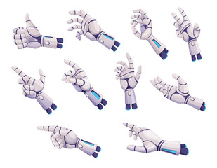Poster - robot hands or arms. future artificial technology, cyborg droid mechanical prosthesis. cartoon vecto