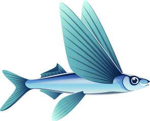 Wall Mural - Cartoon flying fish character. Seafood and fishing catch, aquatic nature, ocean wild animal with wings isolated vector comical character. Underwater wildlife, flying fish cheerful personage or mascot