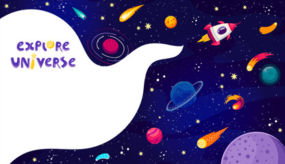 Poster - Cartoon universe landscape, galaxy stars and planets with comets, asteroids and space rocket, vector background. Outer space adventure and galaxy sky exploration with spaceship in spaceflight