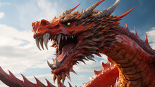 Chinese Red Dragon On White With Clipping Path.Red Traditional Chinese Dragon. Generative AI