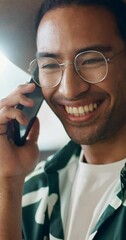 Poster - Man, phone call and laughing face with conversation and communication with smile and networking. Happy, funny male person and speaking with mobile connection and fun discussion with talking and joke