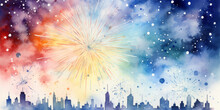 Colorful Fireworks Over Silhouette City Skyline Watercolor Painting, Minimalist Holiday Celebration Background Watercolor Painting