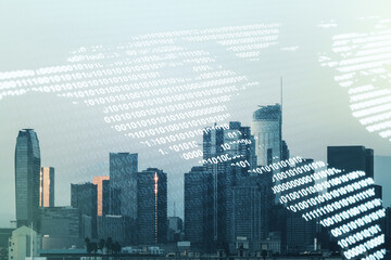 Poster - Double exposure of digital map of North America hologram on Los Angeles city skyscrapers background, research and strategy concept