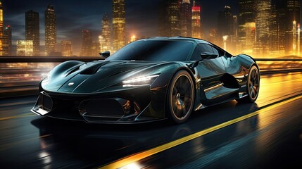 Fast sports car supercar driving fast on the road at night