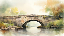 Watercolor Painting Of An Old Stone Bridge Over The River
