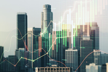Poster - Multi exposure of virtual abstract financial graph interface on Los Angeles cityscape background, financial and trading concept