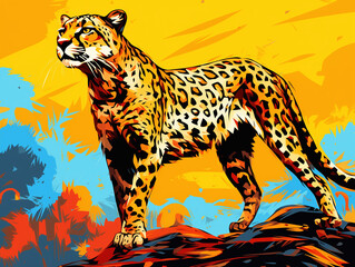 Canvas Print - A Character Cartoon of a Cheetah on an Abstract Background with Thick Textures and Bold Colors