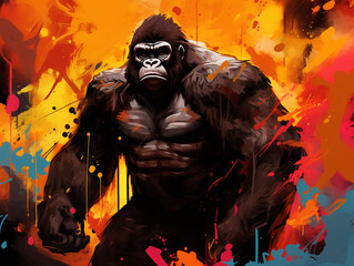 Canvas Print - A Character Cartoon of a Gorilla on an Abstract Background with Thick Textures and Bold Colors