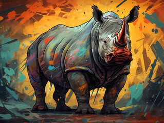 Canvas Print - A Character Cartoon of a Rhino on an Abstract Background with Thick Textures and Bold Colors