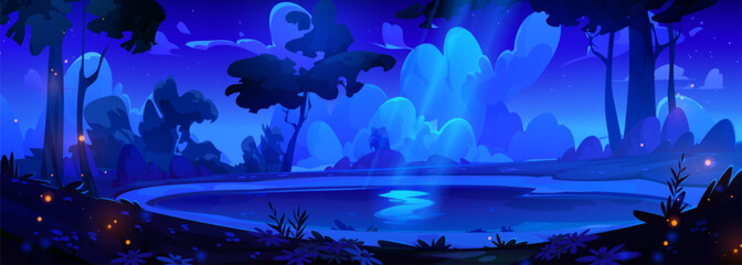 Wall Mural - Night forest lake with moonlight reflection. Vector cartoon illustration of trees and flowers in dark valley, fairytale fireflies glowing in darkness, clouds in starry midnight sky, beautiful scenery