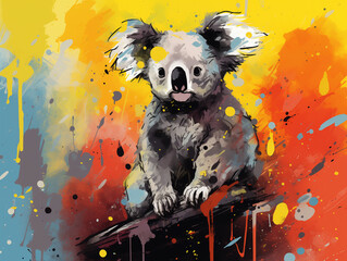 Canvas Print - A Character Cartoon of a Koala on an Abstract Background with Thick Textures and Bold Colors