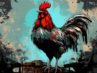 Canvas Print - A Character Cartoon of a Chicken on an Abstract Background with Thick Textures and Bold Colors