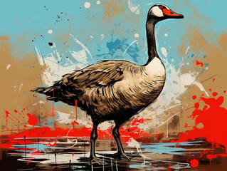 Canvas Print - A Character Cartoon of a Goose on an Abstract Background with Thick Textures and Bold Colors