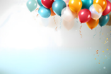 birthday party balloons, colourful balloons background and birthday cake with candles	