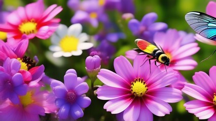 Wall Mural - spring vibrant nature with flowers and insect photo realistic wallpaper