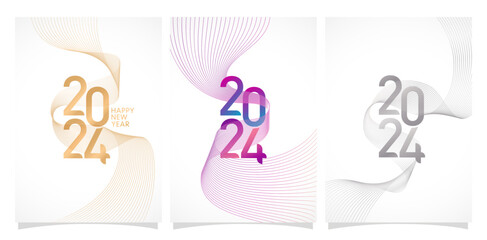 Wall Mural - three Set of abstract backgrounds with curved wavy lines and numbers 2024 Vector illustration for New Years calendar, covering, social media header, greeting cards, screen printing, catalogue booklet