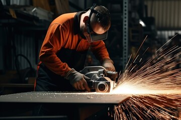 Worker grinding metal in a workshop.