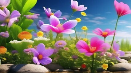Wall Mural - spring vibrant nature with flowers and insect photo realistic wallpaper