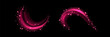 Set of pink swirls with flower petals isolated on black background. Vector realistic illustration of neon light waves with sakura blossom, magic sparkling particles, perfume aroma trail, love in air
