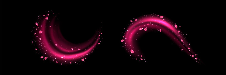Wall Mural - set of pink swirls with flower petals isolated on black background. vector realistic illustration of