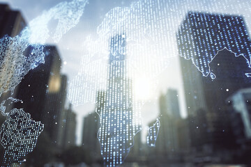 Poster - Abstract creative world map interface on office buildings background, international trading concept. Multiexposure