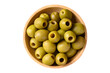 Pickled olives, Pitted green olives in wooden bowl, top view