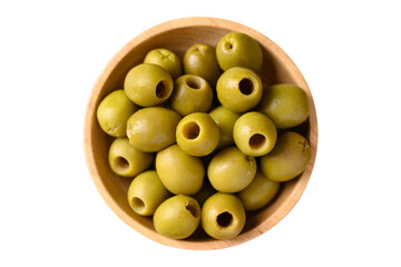 Wall Mural - Pickled olives, Pitted green olives in wooden bowl, top view