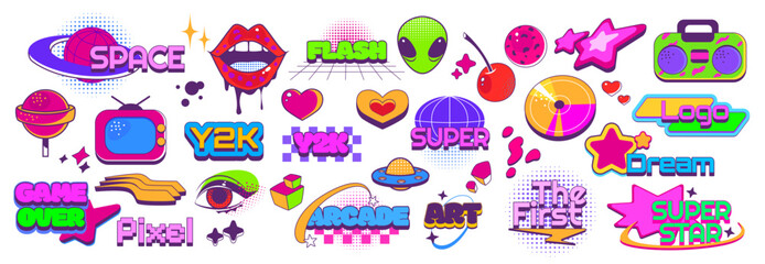 Poster - y2k colorful abstract shape and sticker. cartoon vector illustration set of symbols in 2000s and bru