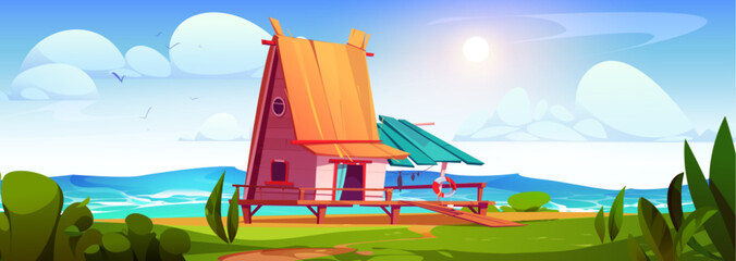 Wall Mural - Small wooden fishing hut on coast of sea or ocean. Cartoon summer vector landscape - cabin with straw roof and terrace stands near water with waves on shore covered with green grass and bushes.