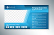 mortgage corporation, we are loan officer cover page banner design template with space for photo. blue gradient background. icon infographic