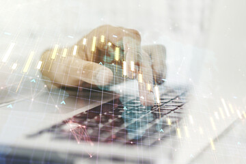 Poster - Multi exposure of abstract financial diagram with world map and with hand typing on computer keyboard on background, banking and accounting concept