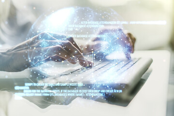 Poster - Multi exposure of abstract graphic coding sketch with world map and hands typing on computer keyboard on background, big data and networking concept