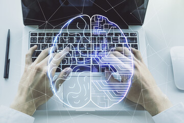 Aufkleber - Double exposure of creative artificial Intelligence symbol with hands typing on laptop on background. Neural networks and machine learning concept