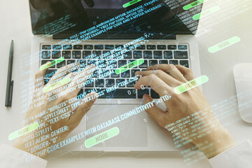 Aufkleber - Multi exposure of abstract creative coding sketch and hands typing on computer keyboard on background, artificial intelligence and neural networks concept