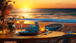 Romantic dinner setting on the beach at sunset